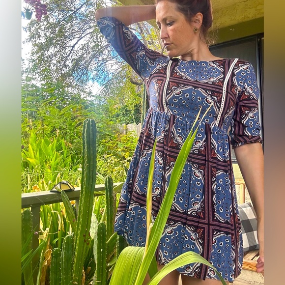 Boho Floral Evil Eye Dress 1960s 70s style wild blue x sodie robertson lace - Picture 8 of 9